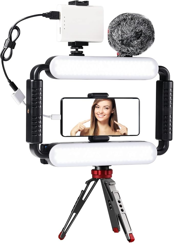 GVM Gimbal Stabilizer Phone Video Light Kit for Smartphone, Content Creator Kit, 5600K LED Equipment with Microphone &Tripod for Recording, Vlogging, Live Streaming, YouTube, TikTok