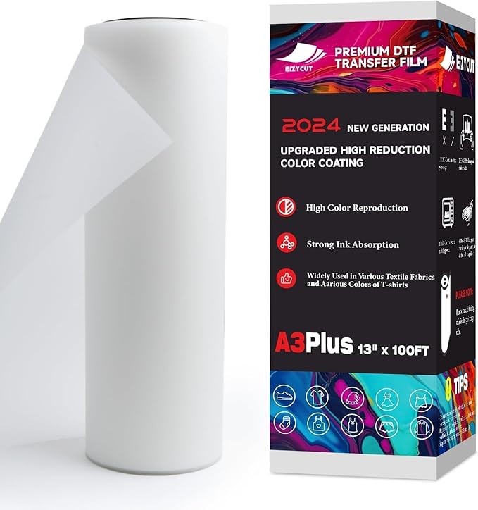 EIZYCUT DTF Transfer Film Roll 13inch x 100ft - A3 Plus Premium DTF Film Roll, PET Double Sided Matte DTF Paper Roll for All Dark Fabric Textile and Colors T Shirts