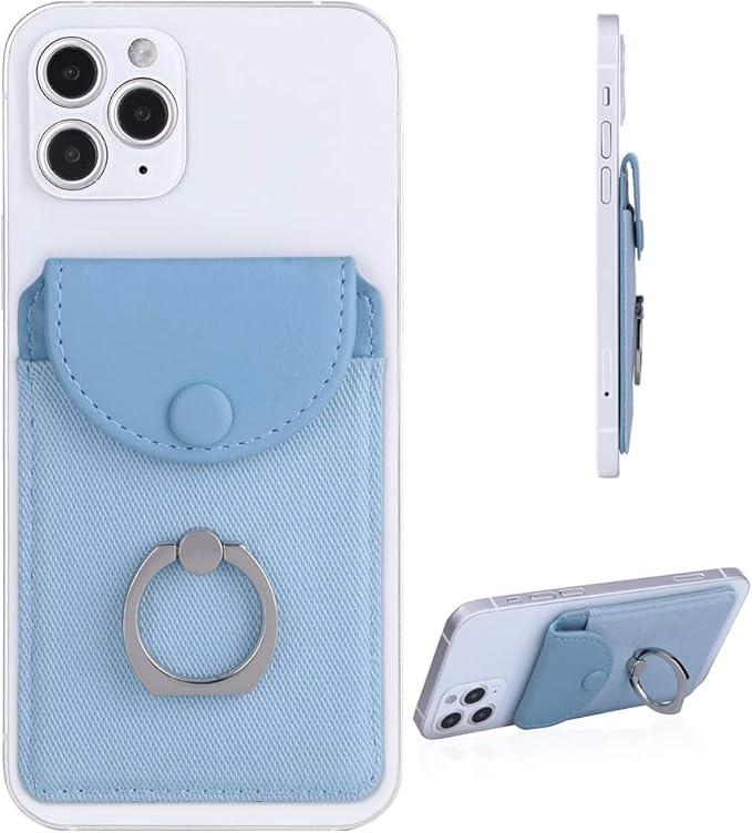 Credit Card Holder for Back of Phone with Ring Stand Stick on Phone Wallet,Ultra-Slim Self Adhesive,RFID Blocking Ring Pocket Wallet Stick on Most Smartphones-Blue