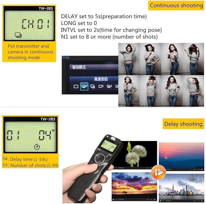 Pixel Timer TW-283 DC2 Wireless Shutter Release Remote Control Compatible with Nikon Z7, Z7 II, Z6, Z6 II, Z5, D750, D780, D7500, D7200, D7100, D5600, D5500, D5300, D5200, D5100, D5000, P7700, P7800