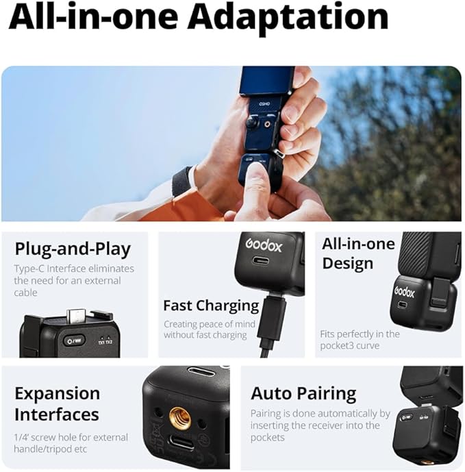 GODOX Cube-OP3 Wireless Lavalier Microphone for DJI Osmo Pocket 3,Noise Cancellation, 10H Battery Life,Mini Wireless Mic for Camera/iPhone/Android, Vlog,Live Streaming (OP3)