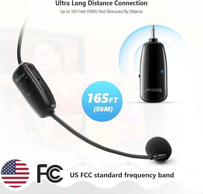 Bietrun Wireless Microphone Headset, UHF Wireless Headset Mic System, 160ft Range,1/8'' and 1/4'' Plug, for Speakers, Voice Amplifier, PA System(Not Supported AUX/iOS)