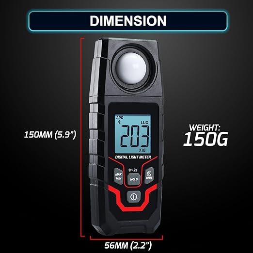Light Meter Wireless Lux Meter, 0.1~200,000 Lux Range Light Meter for Plants, Bluetooth Lux Meter Light Meter App Connection, Data Logging and Export, Backlight LCD Display for Plants, Photography