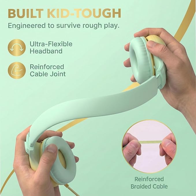Wired Kids Headphones with USB C Plug, 85dB Safe Volume, Adjustable Headband, Tangle-Free Cord Headphones for School, Tablet, Travel (Mint Green & Cream Yellow, Without Microphone)