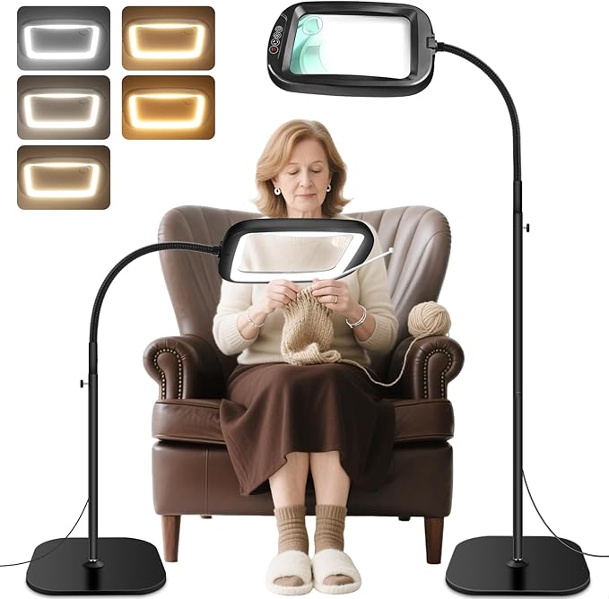 30X 10X Extra Large Floor Magnifying Glass with Light and Stand,60 LED Flexible Gooseneck Floor Magnifying Lamp with 5 Color Modes, 2-in-1 Lighted Magnifiers for Close Work, Sewing,Crafts, Painting