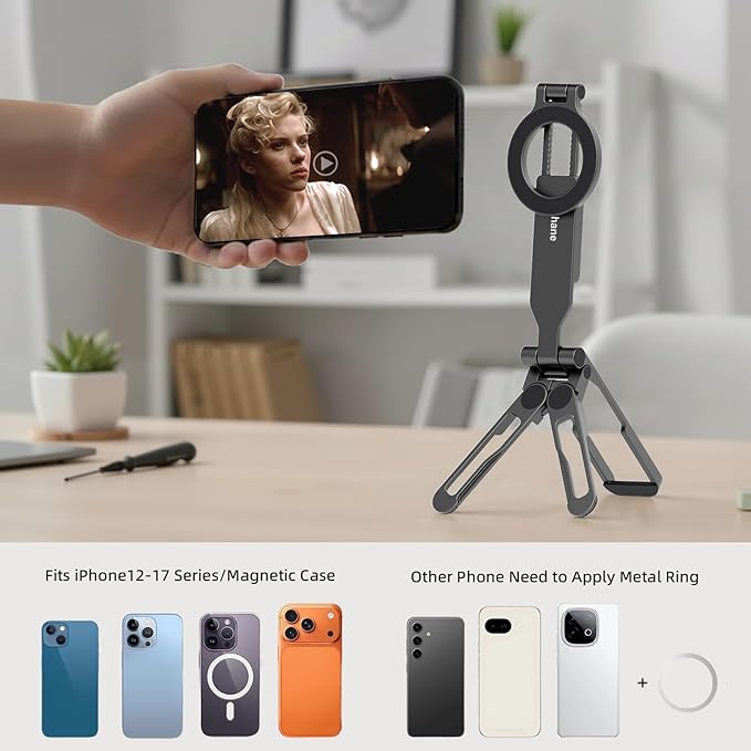 Magnetic Tripod for iPhone -Adjustable Foldable Phone Tripod Stand for Video Recording, Magnet Mount Pocket Cell Phone Stand for iPhone 17/16/15/14/13/12 Plus Max for Gym Tablet Tripod for Travel