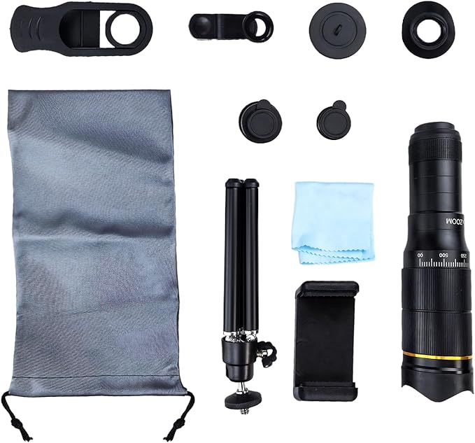 Phone Camera Lens Kit, 32X Long Focus Telephoto High Power HD Lens Wide Angle 0.63X Macro Fisheye 198° for Most Smartphones, Zoom Phone Camera Lens with E-Clip and Tripod for Picture Video Taking