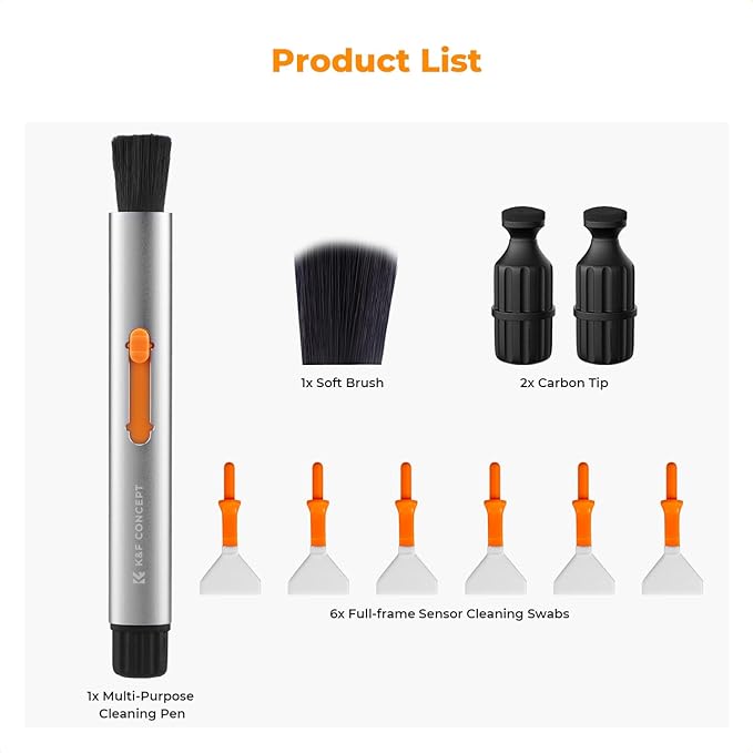 K&F Concept® Versatile Switch Lens Cleaning Pen, Replaceable Pen Tip with Cleaning Brush+Carbon Tip*2+24mm Full-Frame Cleaning Swab*6 for Camera Filters Screen Phone Computer Tablet AR VR Glasses