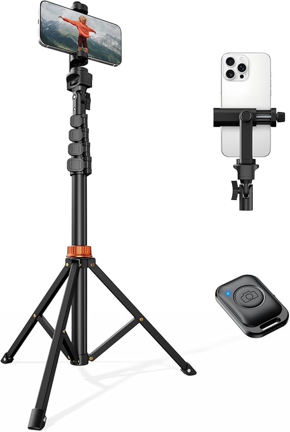 66" Phone Tripod, Tripod for iPhone with Remote & Ultimate Phone Mount, Extendable Cell Phone Tripod Stand for Video Recording, Professional Tripod & Monopod Accessories, Compatible for iPhone/Android