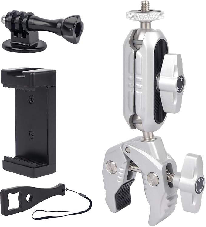 Super Clamp Mount with Dual 360° Ballhead Magic Arm with Phone Holder,1/4"-20 Screw Compatible with Mirrorless Camera,GoPro Hero,DJI OSMO Action,Insta360 X4/X3, Smartphone and More