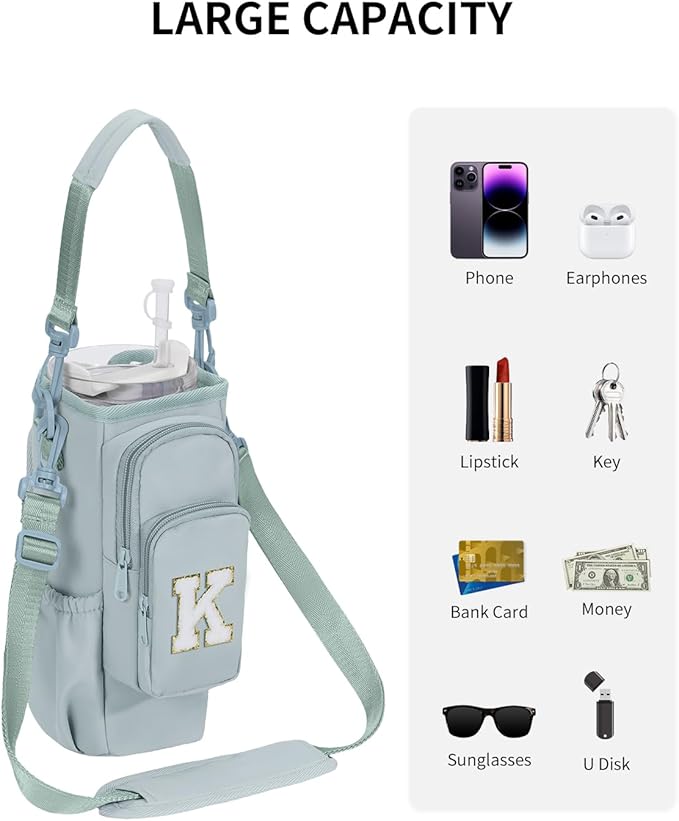 sportsnew Birthday Gifts for Women Personalized Initial Water Bottle Holder with Strap fits most 40oz Tumbler with Handle Water Bottle Carrier Bag with Phone Pocket & Straw Topper Tumbler Accessories
