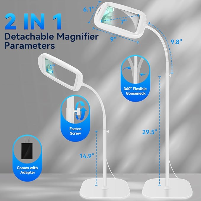 30X 10X Extra Large Floor Magnifying Glass with Light and Stand,60 LED Flexible Gooseneck Floor Magnifying Lamp with 5 Color Modes, 2-in-1 Lighted Magnifiers for Close Work, Sewing,Crafts, Painting