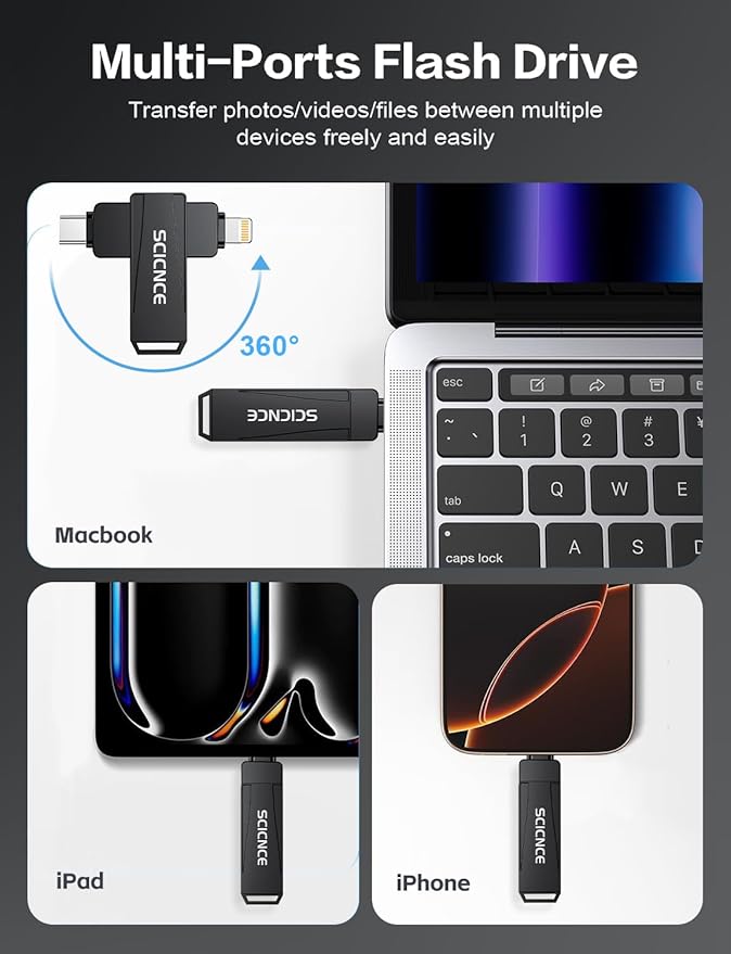 SCICNCE 256GB Flash Drive Intended for iPhone, USB Memory Stick Storage Backup for Photos Videos, Plug and Play No APP Required, Compatible with iPhone iPad Android and Computers (Metal Gray)