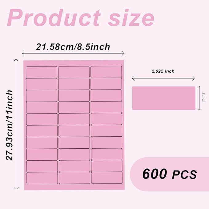 1" x 2-5/8" Colored Address Labels, 600 Bright Pink Label Stickers- Laser/Ink Jet Printer Mailing Labels, 8.5"x11" 20 per Sheet