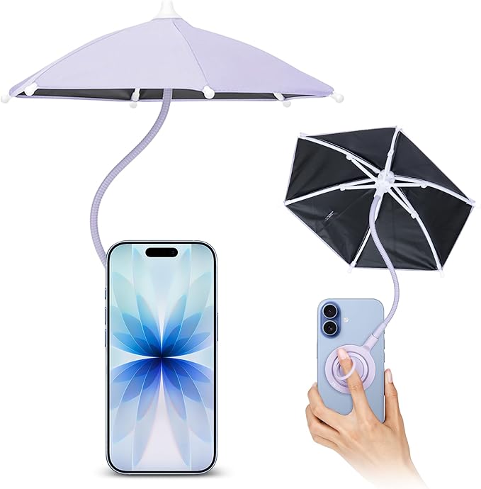UPF 45+ Magnetic Phone Umbrella with Black Anti-UV Coating,Mini Tanning Phone Sun Shade Shield for Magsafe iPhone 17 Air 16 15 Pro Max Android Kindle Outdoor Beach Pool Anti-Glare Anti-Reflect -Purple