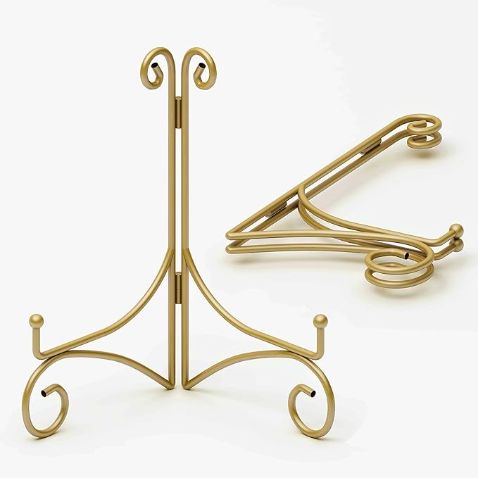 HEMYLU Plate Display Stands with Hinged Folding Design, 8 Inch Picture Frame Stand for Tables, Decorative Easels for Plates, Photos, Cards and Books, 8’’ Gold, 2-Pack