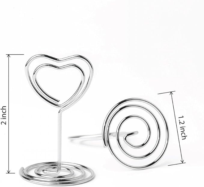 Jofefe 20pcs Mini Place Card Holder, Table Number Holders, Table Card Holders, Table Number Stands, Wire Table Picture Photo Holder Menu Clips for Wedding Favors with Heart Shaped (Silver)
