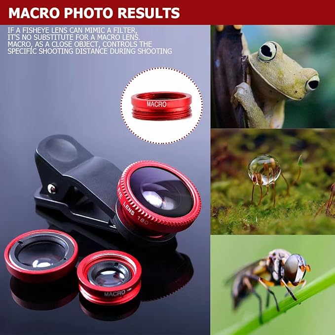 3 in 1 Phone Camera Lens Kit Camera Lens with Clip Fisheye Lens Wide Angle Lens and Macro Lens for Smartphones iPhone, Andorid (Red)