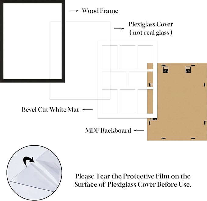 4x6 Photo Collage Frame 8 Openings Wooden, 13.5x17.5 Multi Picture Frame Collage Wall Decor, Black Frame with White Mat, Solid Pine Wood