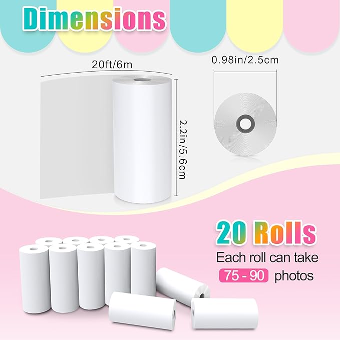 20 Rolls Instant Print Camera for Kids Refill Print Paper - Hikkon Thermal Print Paper Rolls Photo Print HD Printing for Most Kids Instant Camera(White)