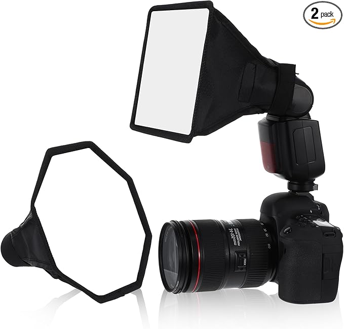 2 Pack Flash Diffuser Light Softbox 7" x 6" + 8" Octagon Speedlight Softbox Universal Collapsible Mini Softboxs with Storage Pouch for Canons, Yongnuo and Nikons Speedlight