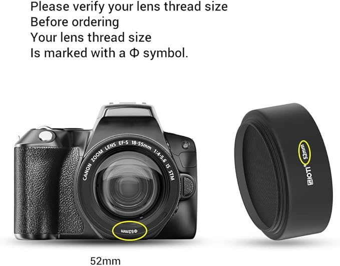SIOTI 52mm Lens Hood, Oxidation Matte Anti Reflective Treatment, Aluminum Alloy, with 1 * 58mm Lens Cap, Compatible with Sony/Canon/Nikon/Fuji etc >50mm Camera Lens