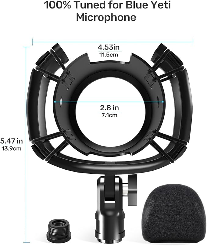 Custom Built for Blue Yeti Shock Mount with Pop Filter, 2026 Upgrade Anti-Vibration Suspension Elastic Shock Mount Holder Clip Mics Stand with Screw Adapter Compatible with Yeti Microphone