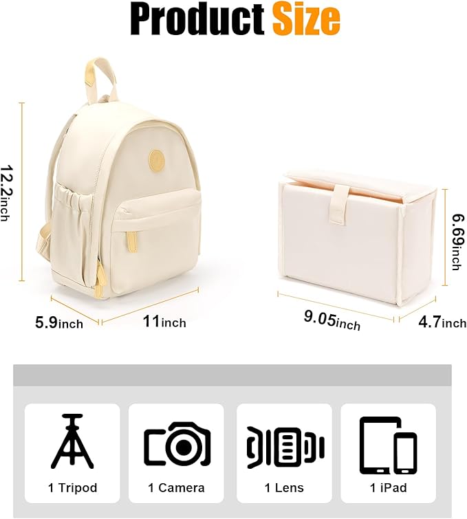 Cwatcun Camera Backpack Bag Small for Women，Fashion DSLR Camera Bag Cute with Tripod Strap and Removable Padded Dividers Lightweight Photograhy Case for Canon/Nikon/Sony Cameras, Off-White
