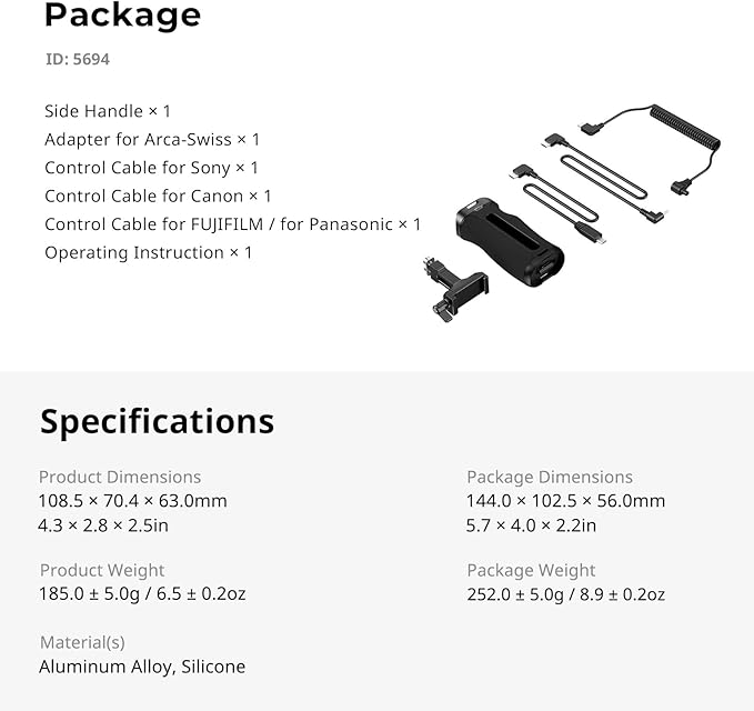 SMALLRIG Side Handle for Arca-Swiss with Recording Trigger, 3 Control Cable, Fit for Sony A7 III/ FX3/ A6600, for Canon R5II/ R5C, for FUJIFILM X-H2S/ X-T5, for Panasonic S5 II/ GH5-5694