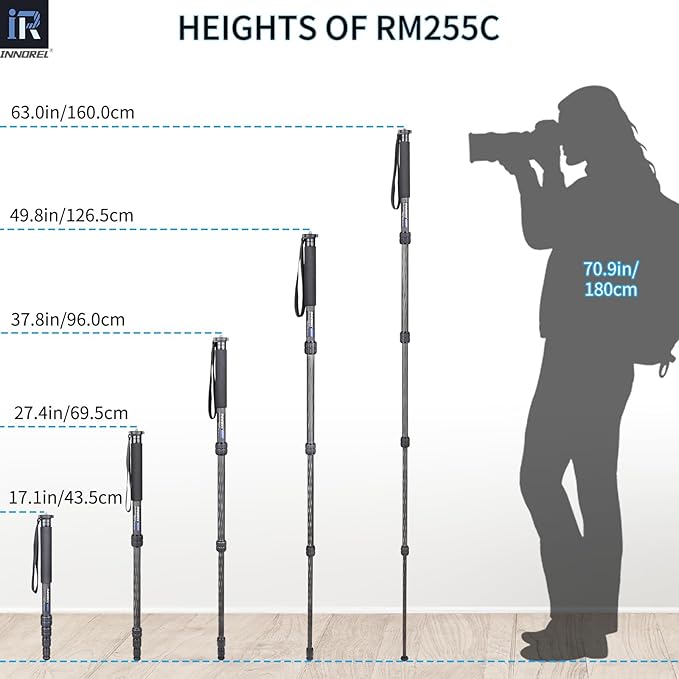 Carbon Fiber Camera Monopod INNOREL RM255C Professional Portable Compact Lightweight Travel 5-Section Monopod for Canon Nikon Sony DSLR Camera Video Camcorder DV Photography Bracket Load 15lbs/7kg