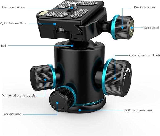 Andoer Tb81X Tripod Ball Head 360 Degree Rotating Panoramic Camera Quick Release Ball Head for Tripod Monopod Slider DSLR Camera with 3Pcs 1/4" to 3/8" Srew Adapters Max. Load 8Kg/17.64Lbs