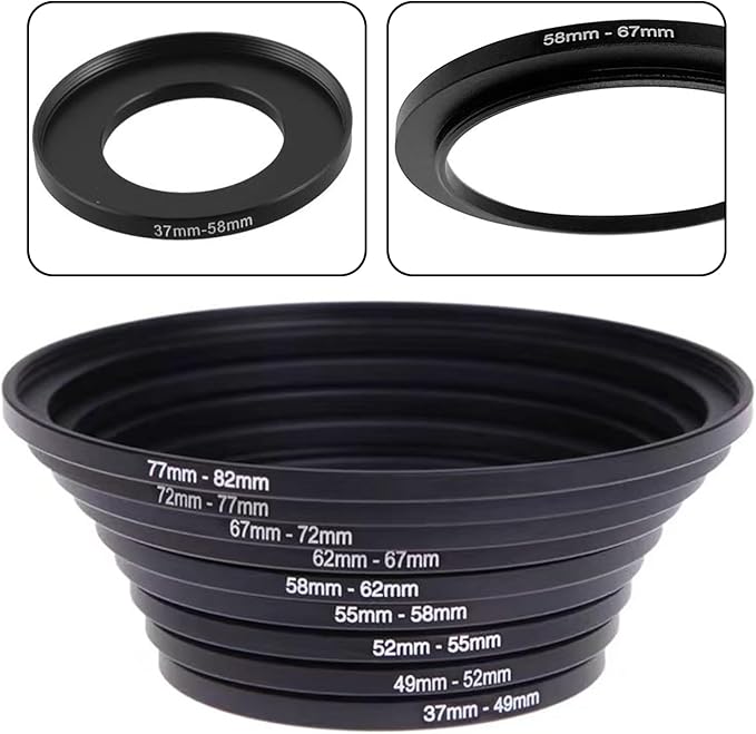 18Pcs Filter Ring Adapter Set, 37-82mm (Includes 9pcs Step Up Ring Set + 9pcs Step Down Ring Set) for Lens Filters, Lens Hoods, and Lens Converters