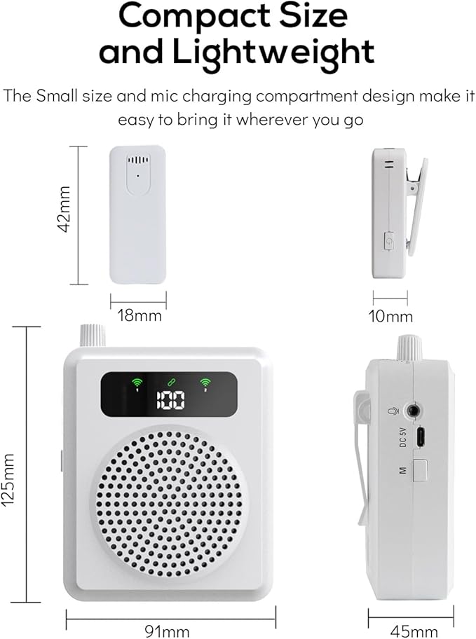 Wireless Voice Amplifier with Lavalier Microphones, Portable Voice Amplifier, Microphone with Speaker, Mini Megaphone with Clip on/Lapel Mic Teacher Microphone for Classroom Speech (White)