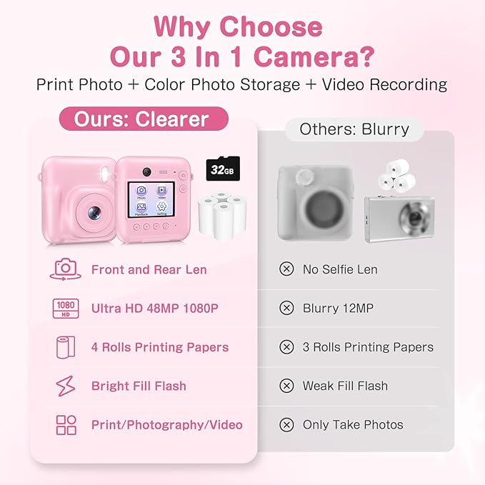 Kids Camera Instant Print, Dual-Lens 48MP Digital Camera for Christmas Birthday Gifts, 1080P Selfie Instant Cameras for Kids with 32GB Card, Instant Print Digital Camera for Girls Boys-Pink