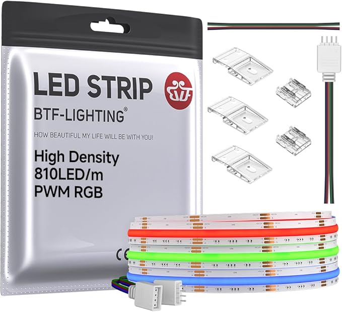 BTF-LIGHTING FCOB COB RGB LED Strip 810LED/m 9.8FT DC12V Color Changing Flexible High Density Uniform Light 10mm Width for Bedroom Home Indoor Decoration(No Adapter or Controller)