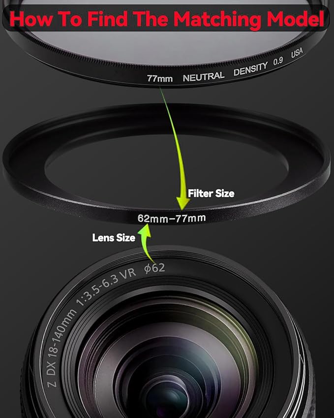 Metal Step-Up/Down Ring Adapter Compatible with Mirrorless Cameras DSLR Lens, UV CPL ND Filter Thread Converter, Black (72mm-62mm)