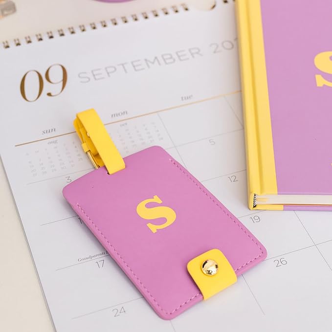 Kate Spade New York Leatherette Luggage Tag with Secure Strap, Colorful Suitcase Identifier for Travel, Monogram Bag Tag ID (S) (Pack of 2)