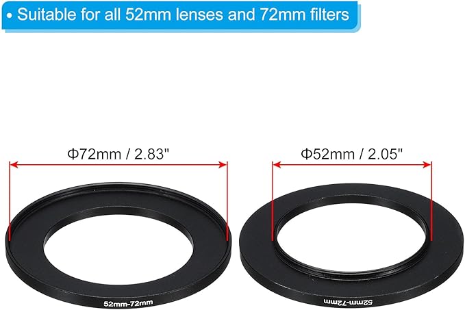 PATIKIL 52mm-72mm Metal Step Up Ring with Cleaning Cloth, 2 Pack Camera Lens Filter Adapter Ring Aluminum Filter Adapter Ring for Camera Lenses Hood, Black