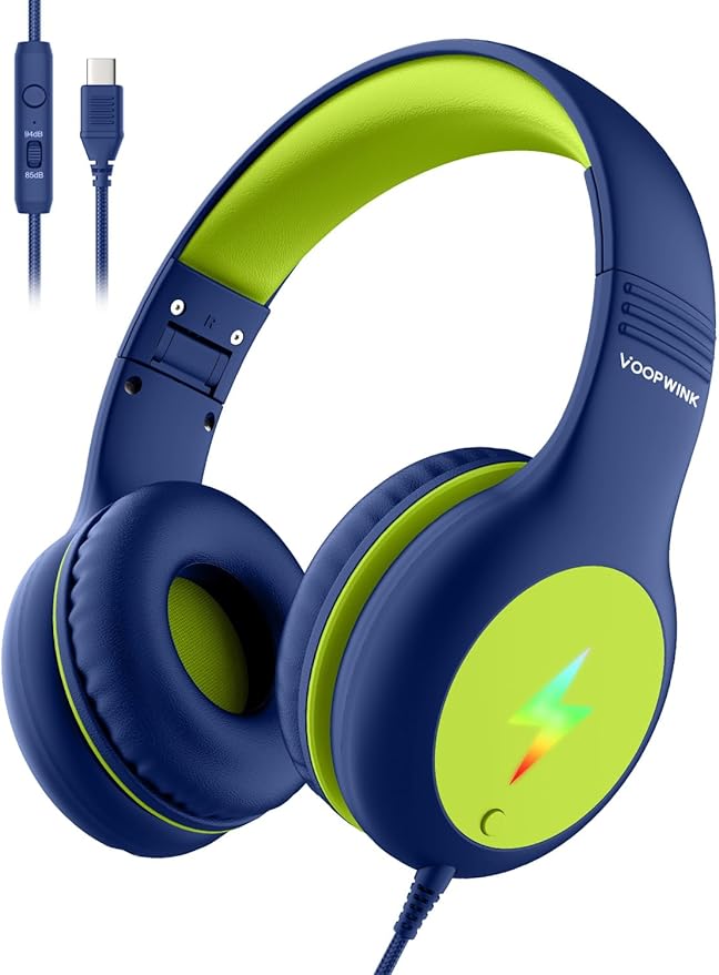 Kids Headphones Wired with Microphone, USB Type C Headphones for Kids Girls Boys with Cord/LED Lights/85/94dB Volume Limit, Portable Over Ear Headphones for School/Travel/Tablet/iPad