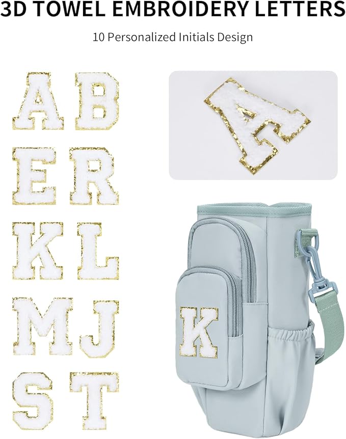 sportsnew Birthday Gifts for Women Personalized Initial Water Bottle Holder with Strap fits most 40oz Tumbler with Handle Water Bottle Carrier Bag with Phone Pocket & Straw Topper Tumbler Accessories