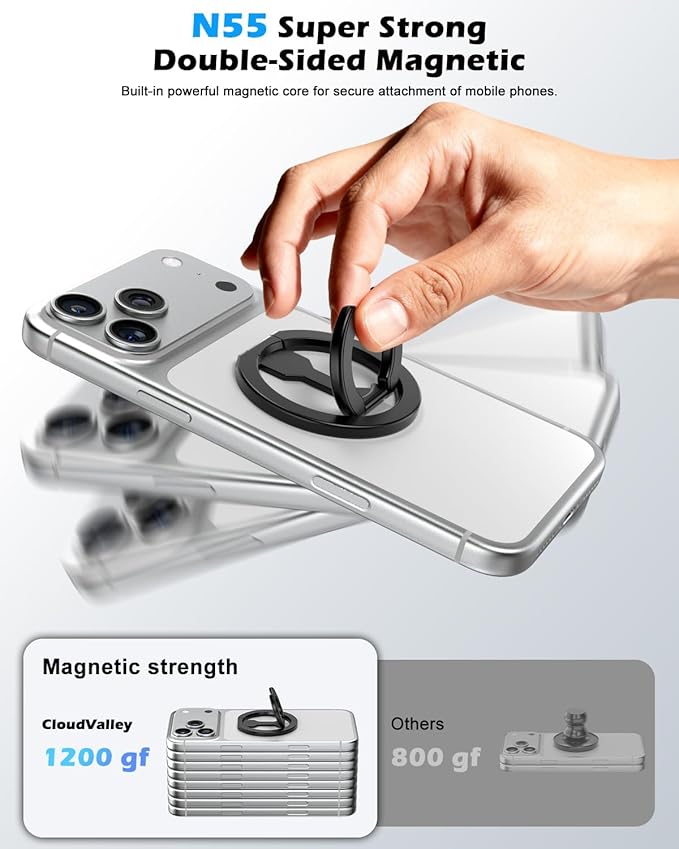 CloudValley for Magsafe Phone Grip Holder - Adjustable Dual-Sided Magnetic Finger Ring Stand 4-in-1, Compatible with iPhone 17/16-12 & MagSafe Car Mounts, Black
