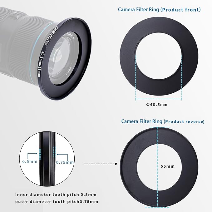 40.5mm-55mm Filter Ring Adapter,Filter Metal Step up Rings Compatible All 40.5mm Camera Lens Filter Accessory(UV,CPL,ND,55mm Threaded Lens)