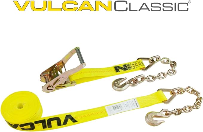 VULCAN Ratchet Strap with Chain Anchors - 2 Inch x 30 Foot - Classic Yellow - 3,600 Pound Safe Working Load