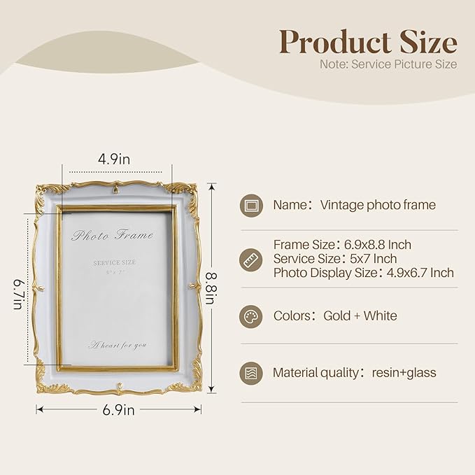 Cuspin 5x7 Picture Frame, White and Gold Vintage Ornate Resin Photo Frame with Glass Front, 5 by 7 Picture Frame for Wall Hanging or Tabletop Display