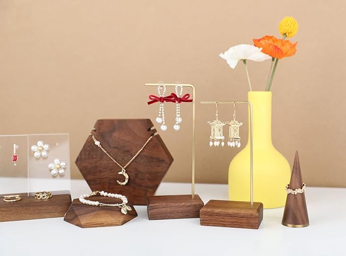 GemeShou brass earring display stands for selling, wooden ear ring holders for jewelry, single stud holder jewelry display【Walnut brass earring stand Height 5.31"】