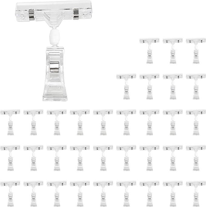 PDETVEO 30PCS Plastic Sign Holder Clips, Rotatable Price Signs Double Display Clips, Retail Cards Clips for Merchandise/Retailers