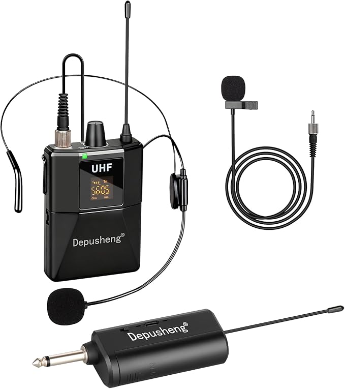 Depusheng UHF Wireless Microphone Headset System -Wireless Headset Mic System, with Lavalier Lapel Mics,200ft Range, 1/8'' and 1/4'' Plug for Recording PA Speaker,Conference
