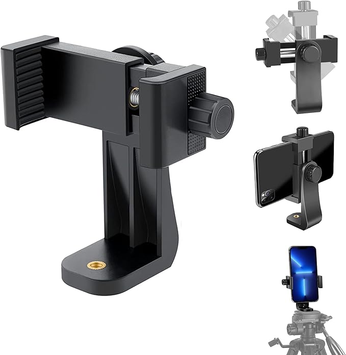 Cell Phone Tripod Mount Adapter, Universal Phone Holder Adjustable Clamp, 360 Degree Rotatable Bracket 1/4" Screw Clip for iPhone, Samsumg, Selfie Stick, Monopod (Black-1 Pack)
