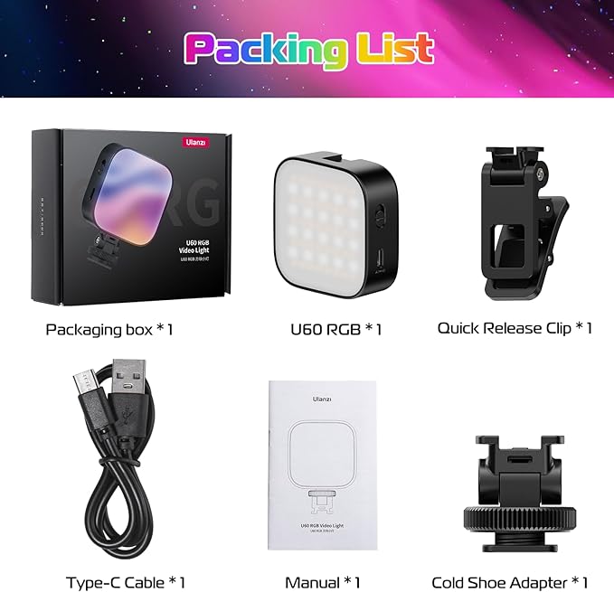 ULANZI U60 RGB Video Lights Black LED Camera Light 360° Full Color Portable Photography Lighting w Quick Release Cold Shoe Adapter and Clip, 2500mAh Rechargeable CRI 95+ 2500-9000K Dimmable Panel Lamp