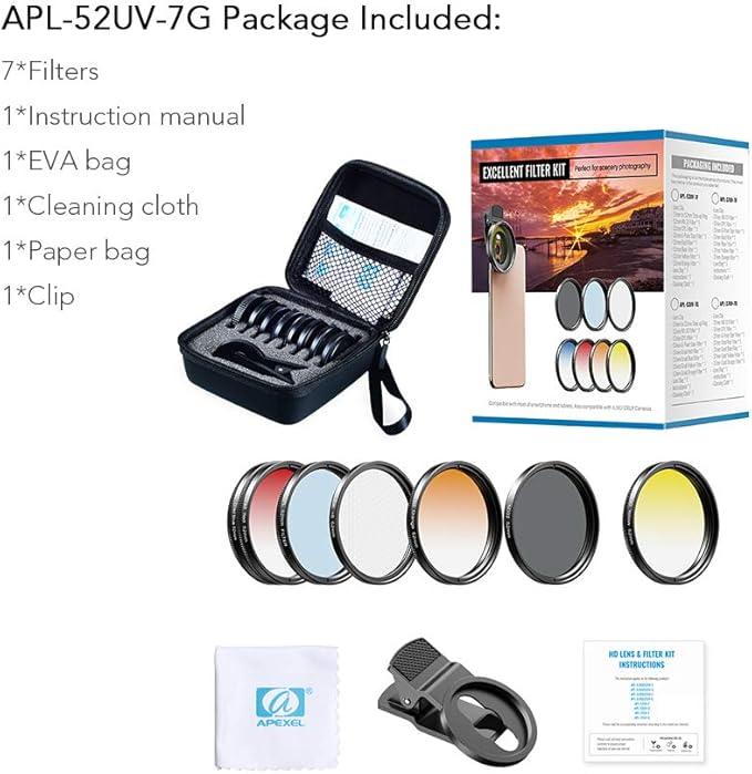 Apexel 52mm Filter Lens Kit (Graduated Filter Lens-Red Orange Yellow Blue, CPL, ND32, Star Lens-6 Point) for Smartphone Camera Canon Nikon Sony Olympus
